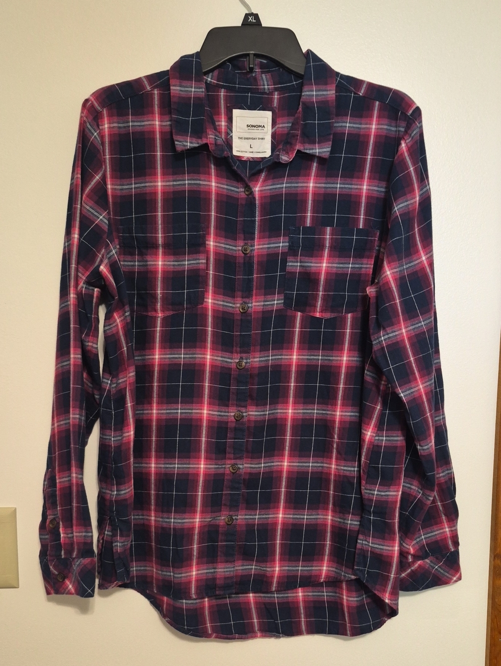 Sonoma Navy and Pink Plaid Long-Sleeve Button-Down Shirt SZ L